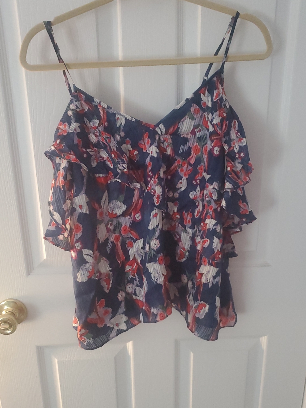 Tanya Taylor Navy Floral Cold Shoulder Silk Top with Red & White Blooms